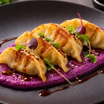 Trio von Gyoza mit lila Süßkartoffelpüree