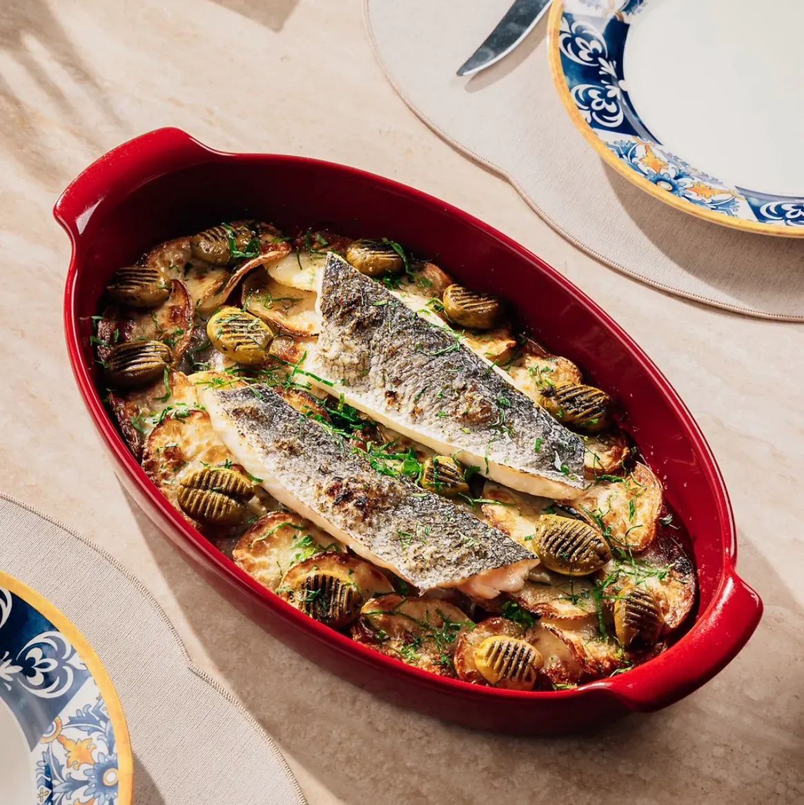 Mediterranean Sea Bass with Roasted Potatoes & Olives