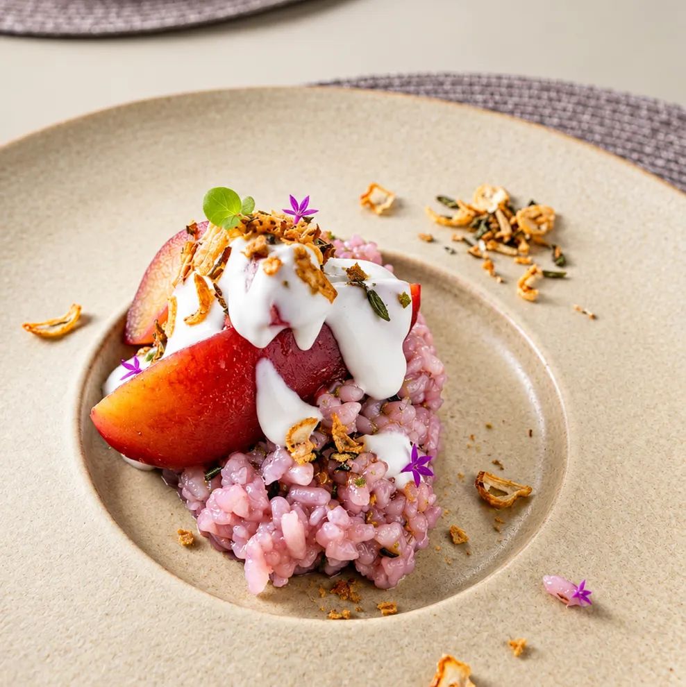 Black Sticky Rice Pudding with Red Wine-Poached Pear