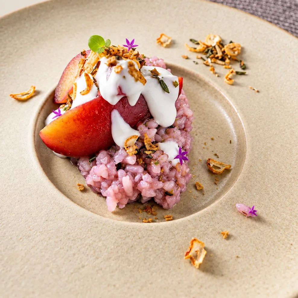 Black Sticky Rice Pudding with Red Wine-Poached Pear