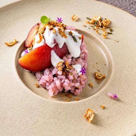 Black Sticky Rice Pudding with Red Wine-Poached Pear