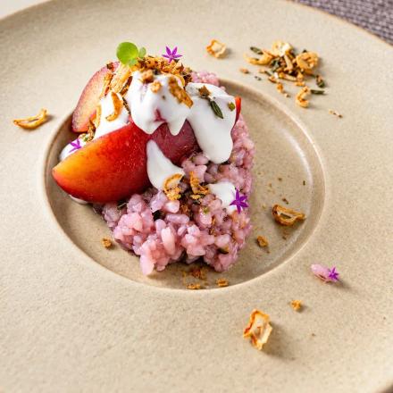 Black Sticky Rice Pudding with Red Wine-Poached Pear