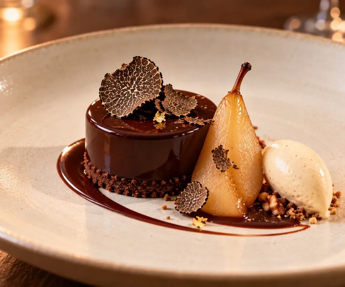 Dessert Signature Chocolat noir · poire · truffe Crémeux chocolat noir, poire fondante, croustillant aux noix et touche subtile de truffe.
