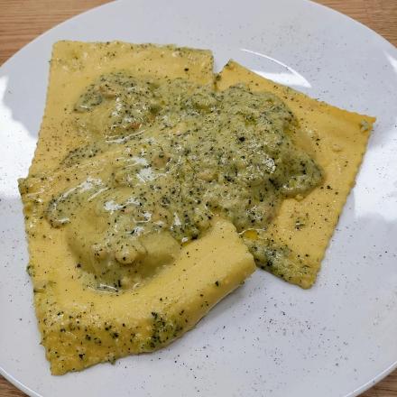 Broccoli Ravioli with Mint and Walnut Pesto