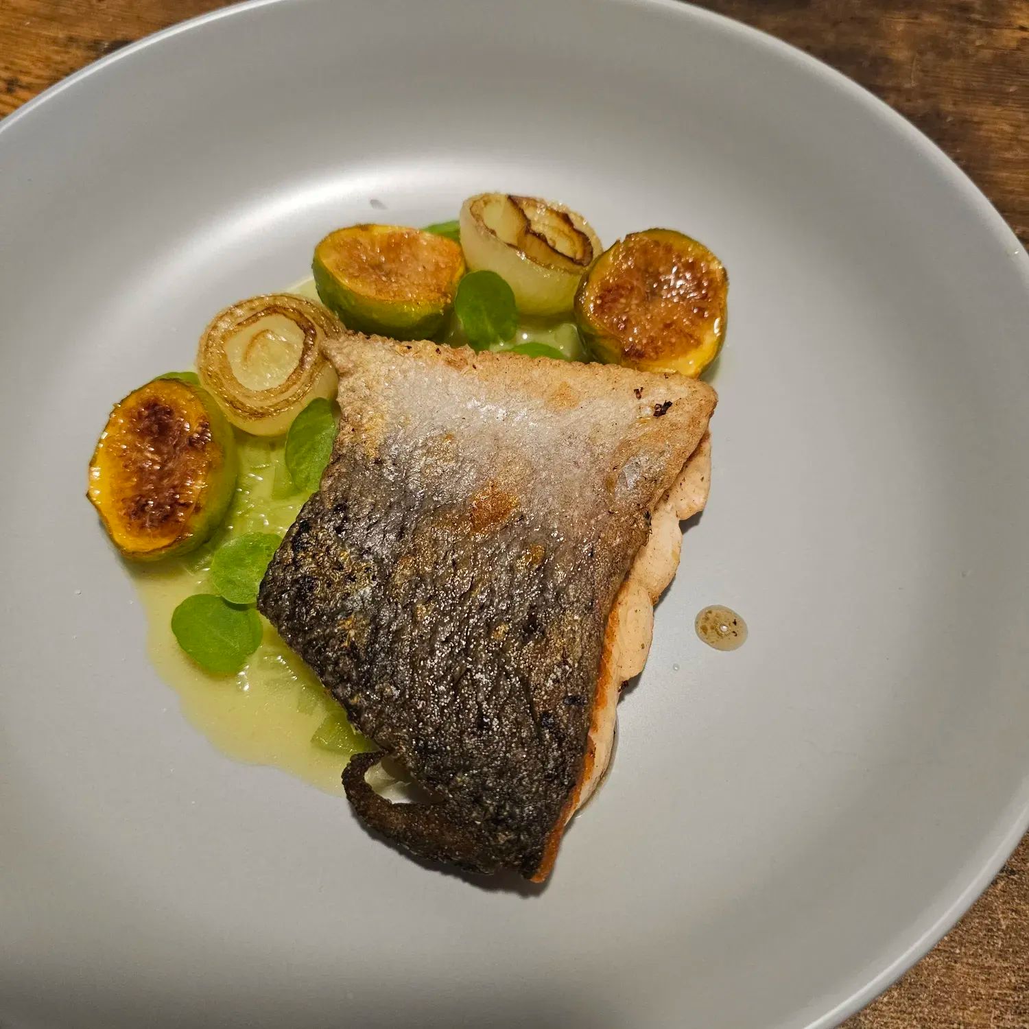 Striped Bass, Seared Figs, Pearl Onions, Kiwi Beurre Blanc