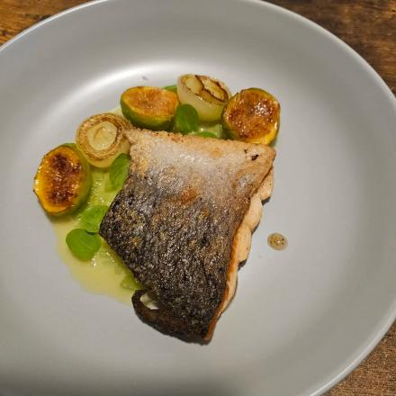 Striped Bass, Seared Figs, Pearl Onions, Kiwi Beurre Blanc