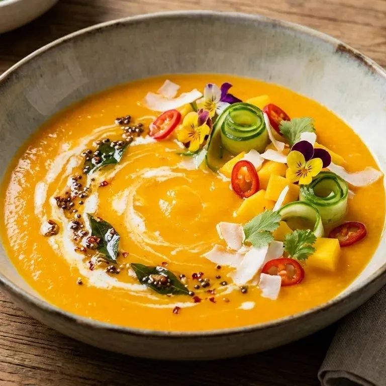 Gazpacho tropical a la mangue , au lait de coco et au tadka épicé