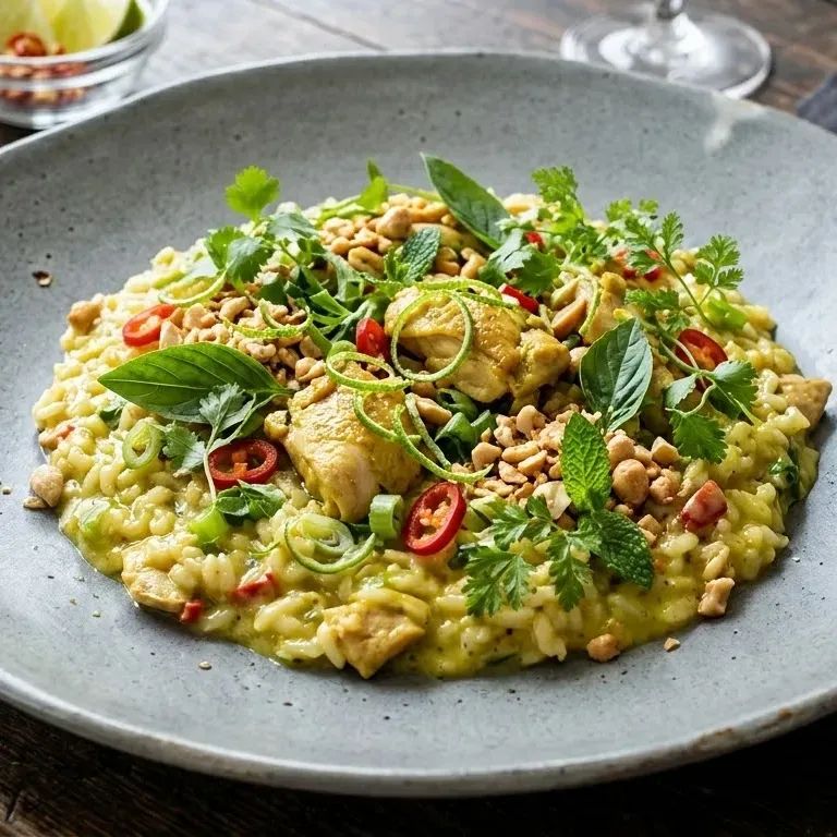 Risotto Thai au poulet , citron vert et cacahuète