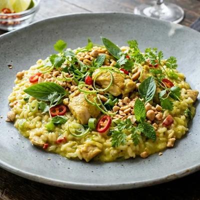 Risotto Thai au poulet , citron vert et cacahuète