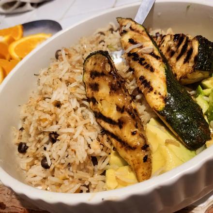Caribbean chicken coconut rice and peas side grilled cajun courgette