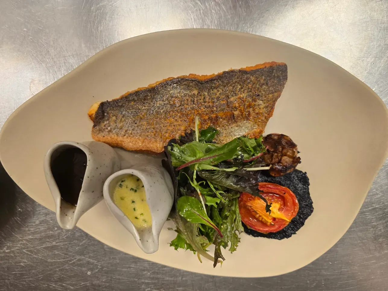 Pan Seared Seabass with Garden Salad & Herb Lemon Butter Sauce