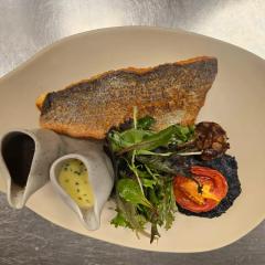 Pan Seared Seabass with Garden Salad & Herb Lemon Butter Sauce