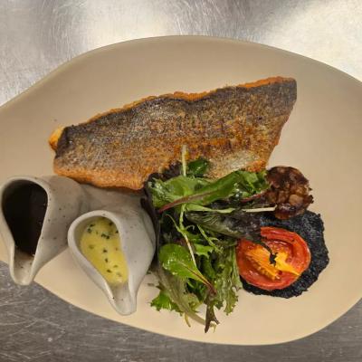 Pan Seared Seabass with Garden Salad & Herb Lemon Butter Sauce