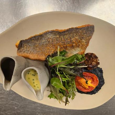 Pan Seared Seabass with Garden Salad & Herb Lemon Butter Sauce