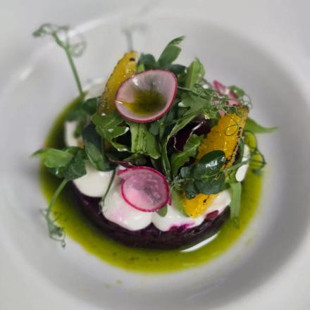 Beetroot Salad with Whipped Goat Cheese & Mixed Sakura Leaves