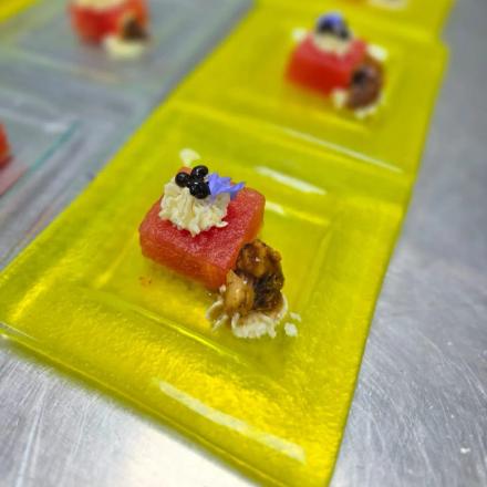 Watermelon & Feta with Candied Walnuts and Balsamic Pearls