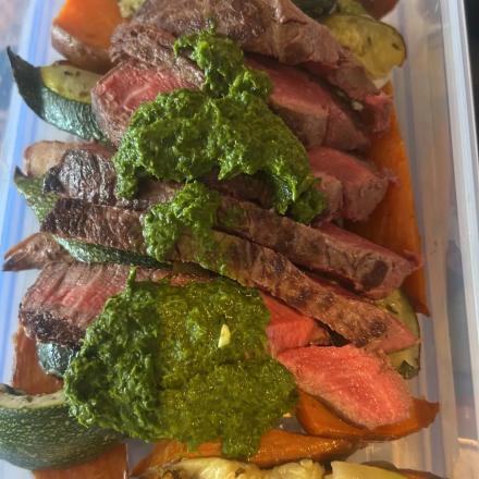 Fillet steak, paprika potato wedges and chimichurri sauce