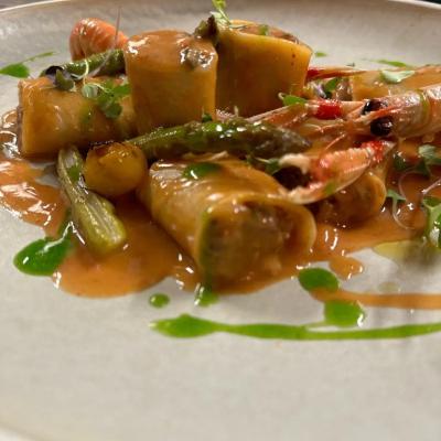 fulled Paccheri with fish and asparagus