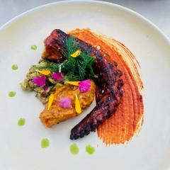 Charcoal-Grilled Octopus with Anticucho Sauce, Sweet Potato Purée & Mojo Verde