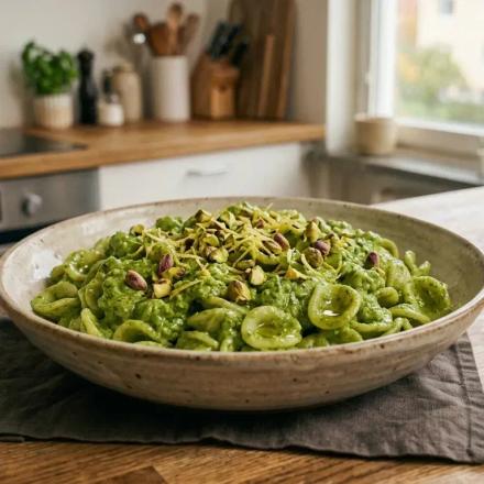 Fresh made Pasta with Sweet Pea & Rocket Pesto