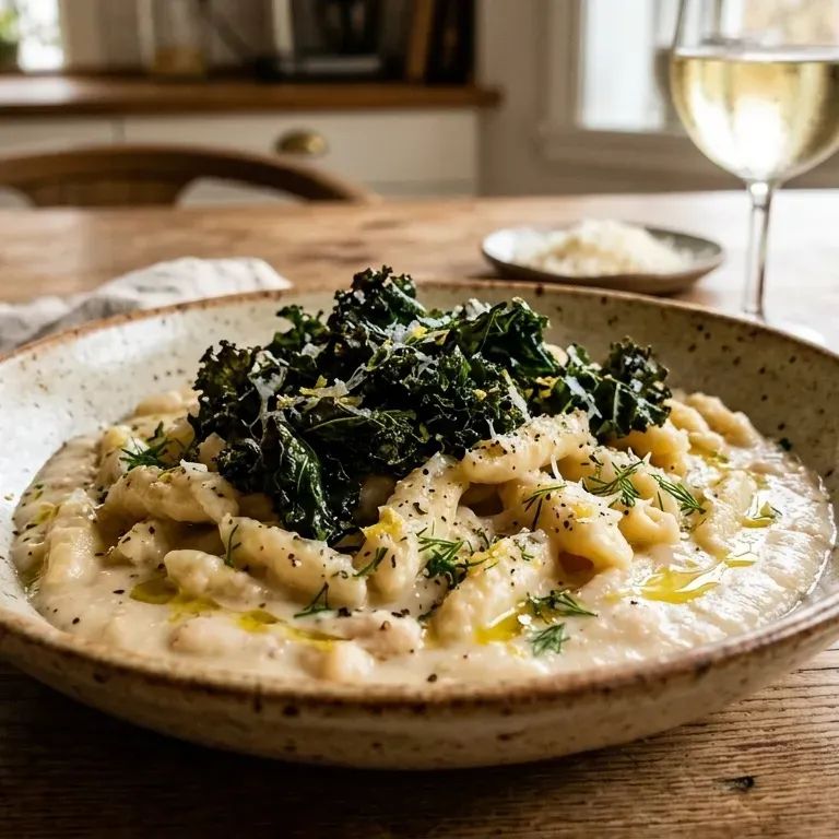 Fresh Pasta in Velvety Cannellini Bean Cream & Crispy Kale