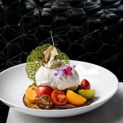 Burrata, Grilled Mediterranean vegetables and Basil Tuile