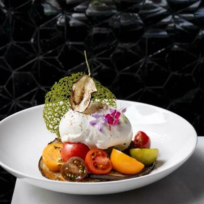 Burrata, Grilled Mediterranean vegetables and Basil Tuile