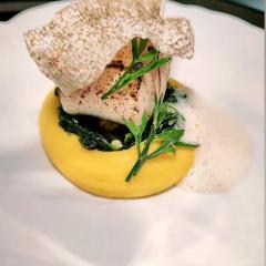 Miso Glazed Cod, Saffron Mash and Mussels espuma